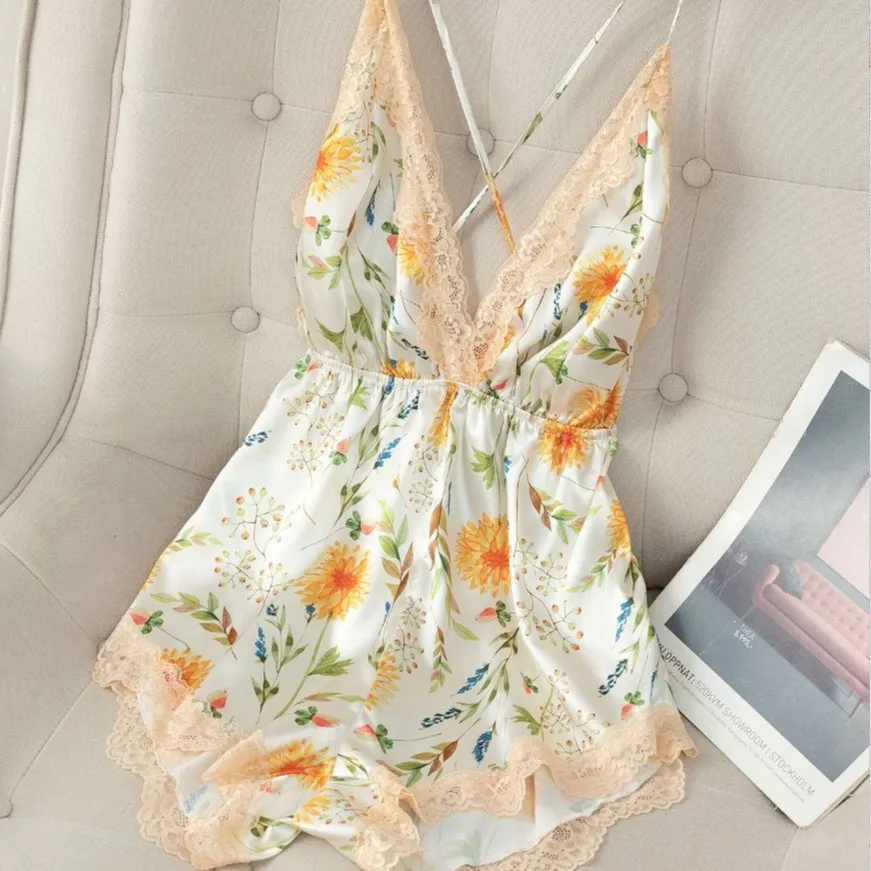 Sexy Lingerie Lace Trim Print Flower Jumpsuits Backless One Piece Nightgown Summer New Homewear Women Sleepshirt Nightdress