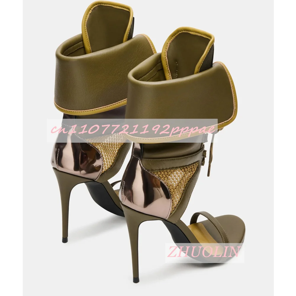 Women'S Army Green Folding Sandals Boots Summer Open Toe Mesh Lace-Up High Heels Sexy Luxury Party Western Sandals Gladiator 46