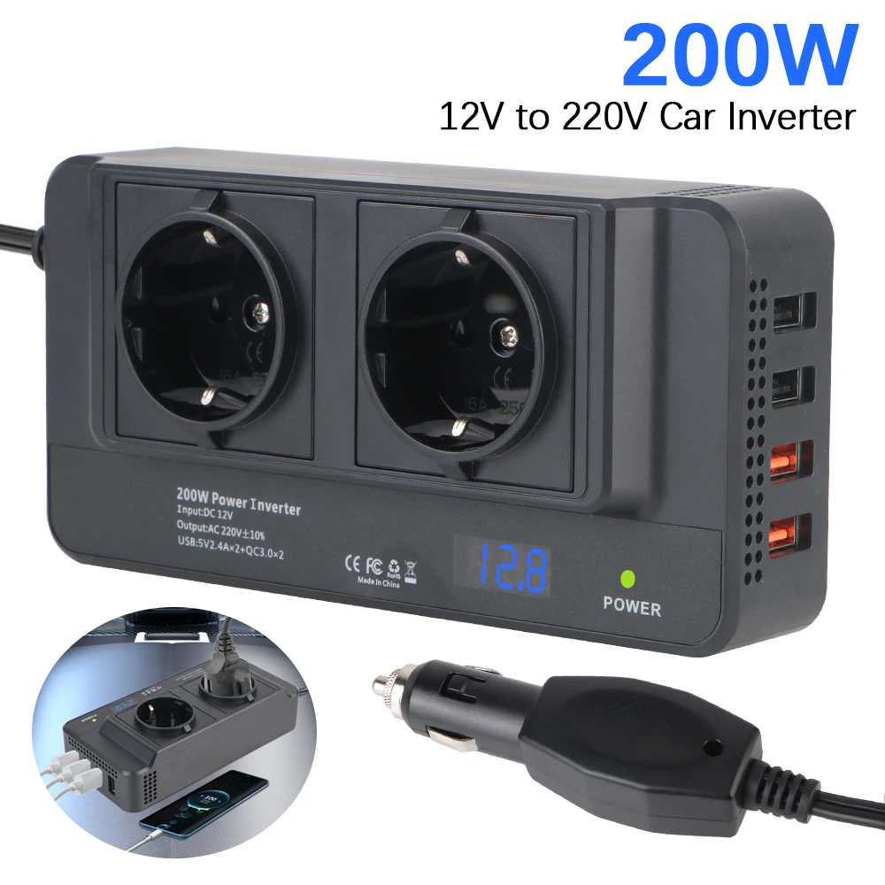 200W DC/AC Inverter Car Power Socket 12V to 220V 2+4 EU Plug Socket USB Chargers Converter Cigarette Lighter Adapter Accessories