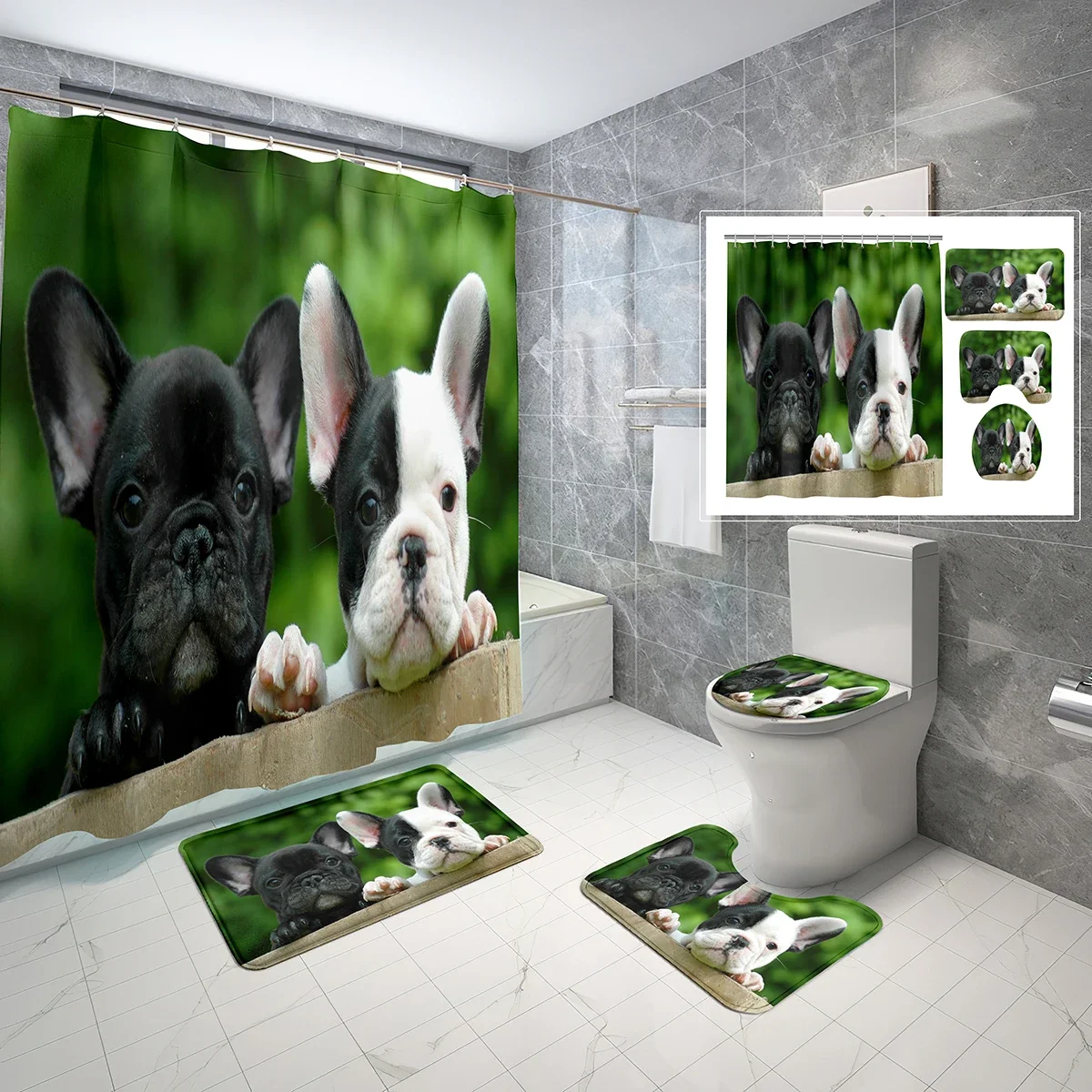 4 Pcs French Bulldog Shower Curtain Sets Cute French Puppy Pet Lovers Non-slip Bath Mat Toilet Lid Waterproof Shower Curtain Set