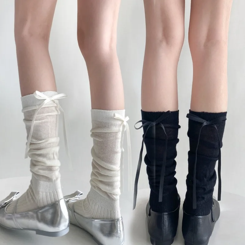 1/2pairs Lolita Mid Length Socks Women Comfortable Breathable Knee-socks Lace Bow Casual Soft Solid Simple Vertical Stripe Socks image 3