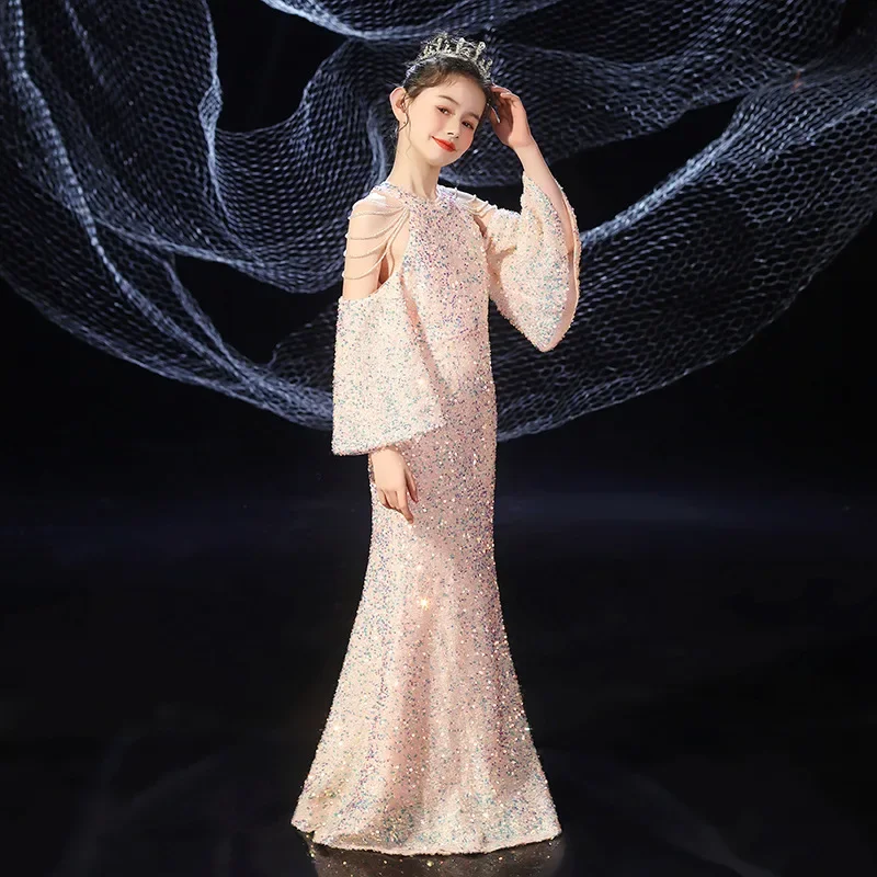 Kids Catwalk Princess Elegant Gown Model Child Evening Luxury Long Dress Girl Host Fishtail Champagne Sequin Performance Costume