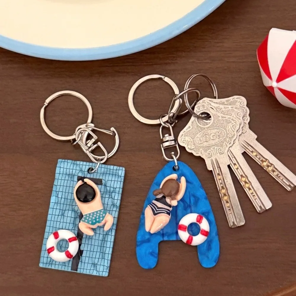 Small Acrylic Pool Floating Board Keychain Blue Yellow Decorative Swimming Figure Pendant Alloy Creative Bag Charm Student