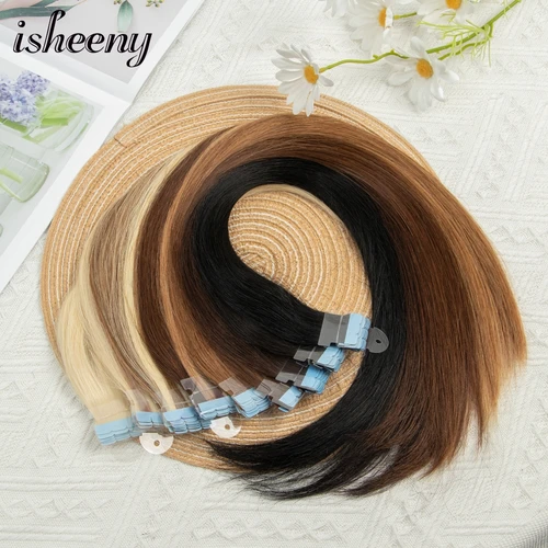 Imagen 2 del producto Isheeny-Mini cinta de extensiones de cabello, máquina de 12-24 pulgadas, trama de piel Remy, cinta adhesiva en cabello humano Natural, negro, marrón, Rubio, 10 piezas