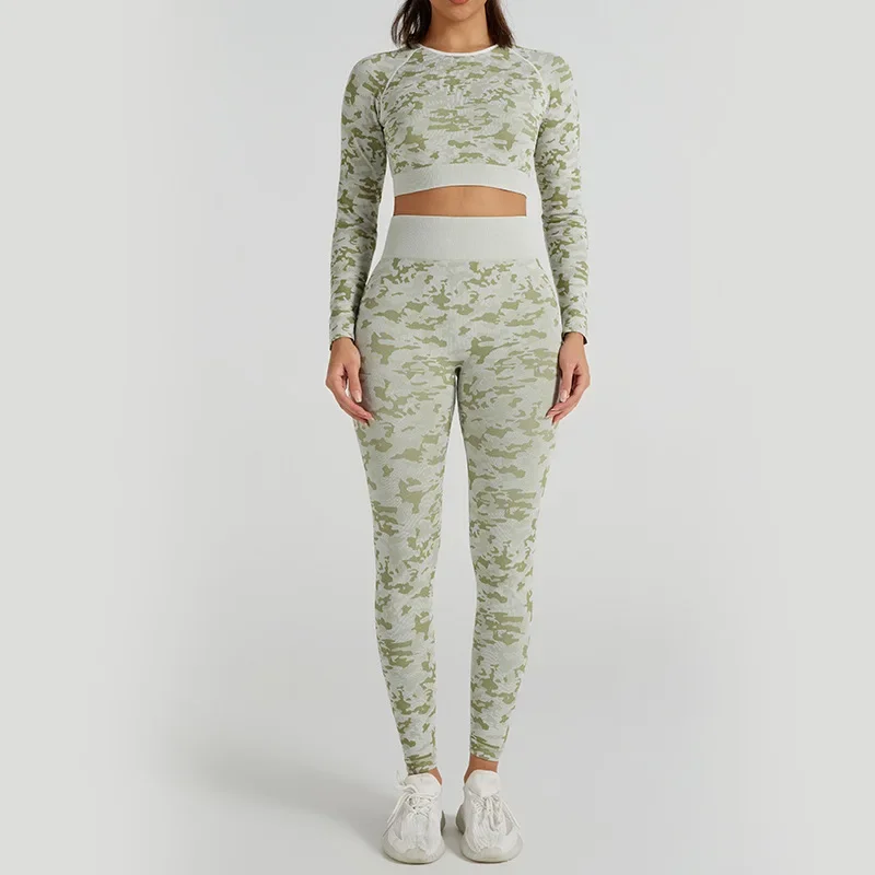 여성 요가 긴팔 섹시 카모플라쥬 자카드 피트니스 슈트 심리스 피치힙 슈트 세트 플러스 사이즈 스포츠 슈트 투피스 세트
