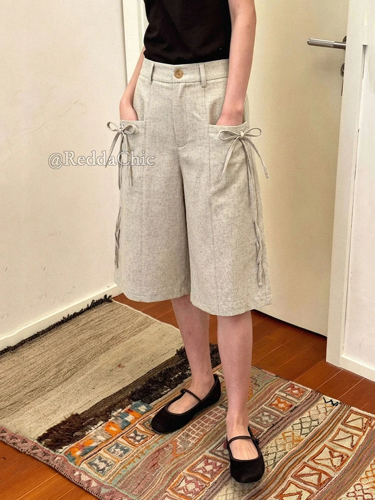 REDDACHiC Casual Linen Bermuda Shorts for Women Beach Cozy Soft Low Rise Draped Tie Up Pockets Baggy Suit Pants Vacation Bottoms