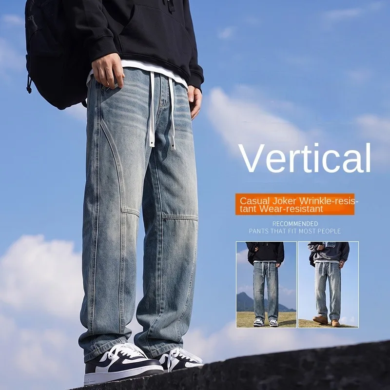 Men Straight Leg Denim Jeans Classic Loose Fit Versatile Daily Casual Streetwear Long Pants