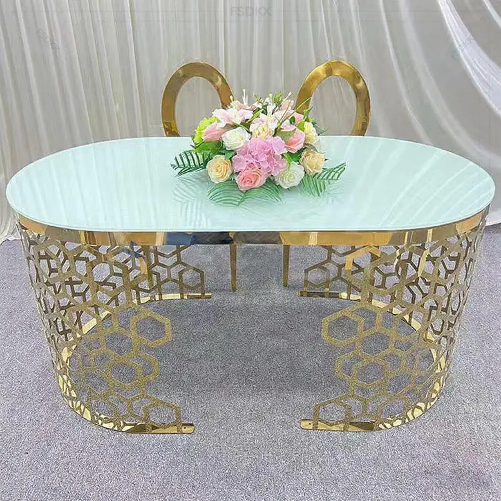 

FSDKX Luxury Modern Stainless Steel Dining Table with Glass Top for Indoor Wedding Hotel Party Banquet Oval Design