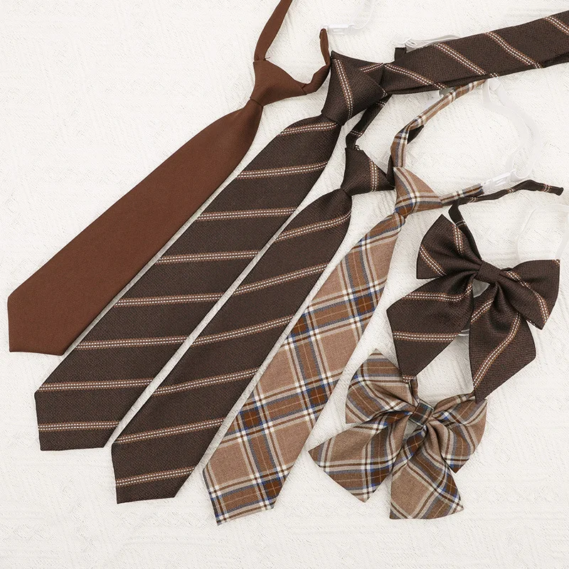 

JK Vintage Brown Checkered Stripes Japanese Coffee Lazy Man No Tie Female Bachelor's Dress Tie Academy Style Men's Fashion