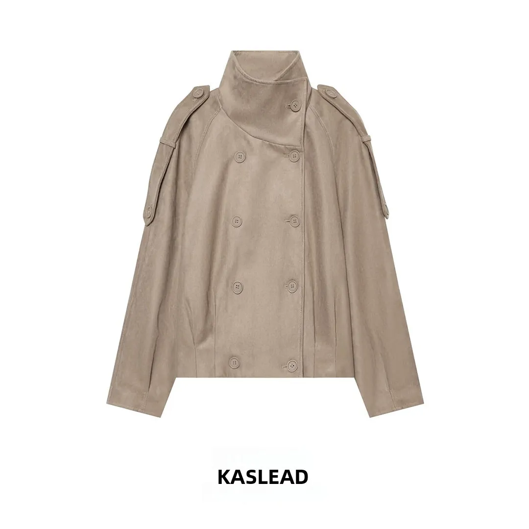 KASLEAD Women's Double-Breasted Chimney-Neck Jacket High-End Feelings New Style Long Sleeve Polyester Fiber Autumn Coat