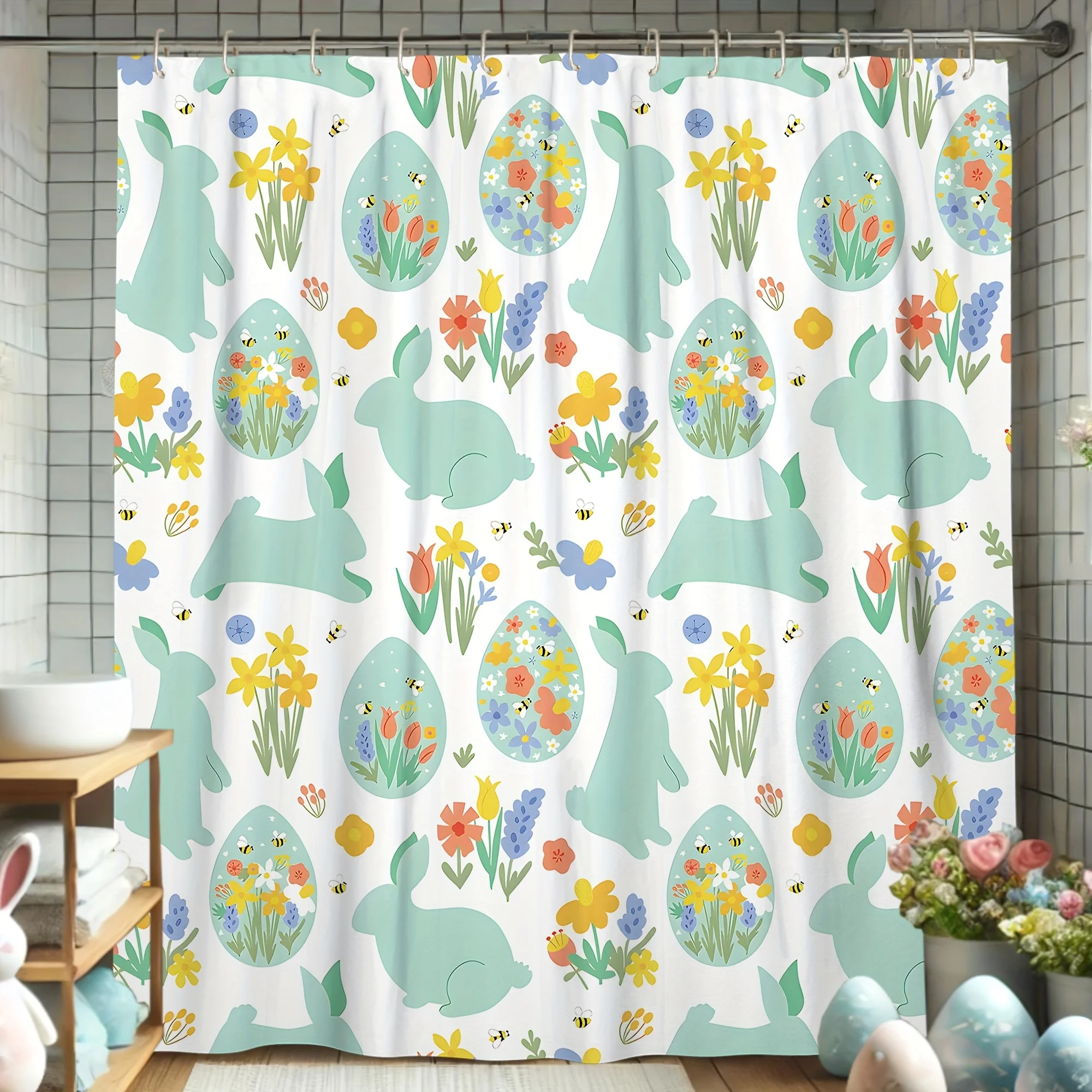 

Пасхальный наслаждение: праздничная водонепроницаемая занавеска для ванной с очаровательными кроликами и разноцветными яйцами, идеально подходит для весеннего декора