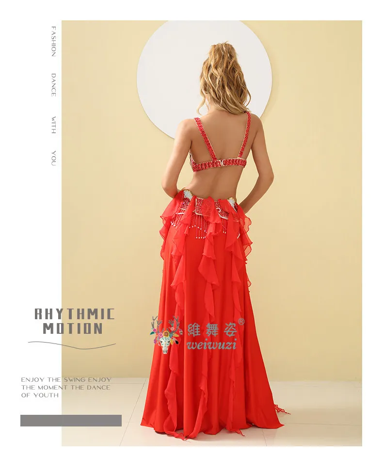 Damen 2-teiliges Bauchtanz-Kostüm BH Swing-Rock Langarm-Oberteil Swing-Rock Sexy Wettbewerbs-Bühnenoutfit Funkelndes Strass-Set – Detail 9