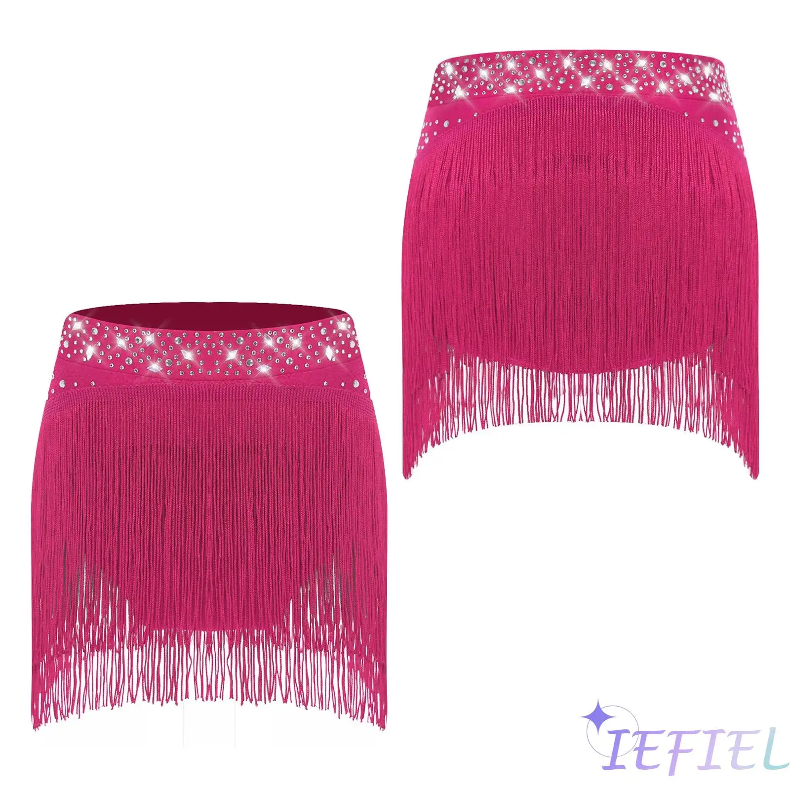 

Girls Latin Skirt Sparkly Sequins Dance Bottom Elastic Waistband Integrated Safety Shorts for Latin Training Stage Performance