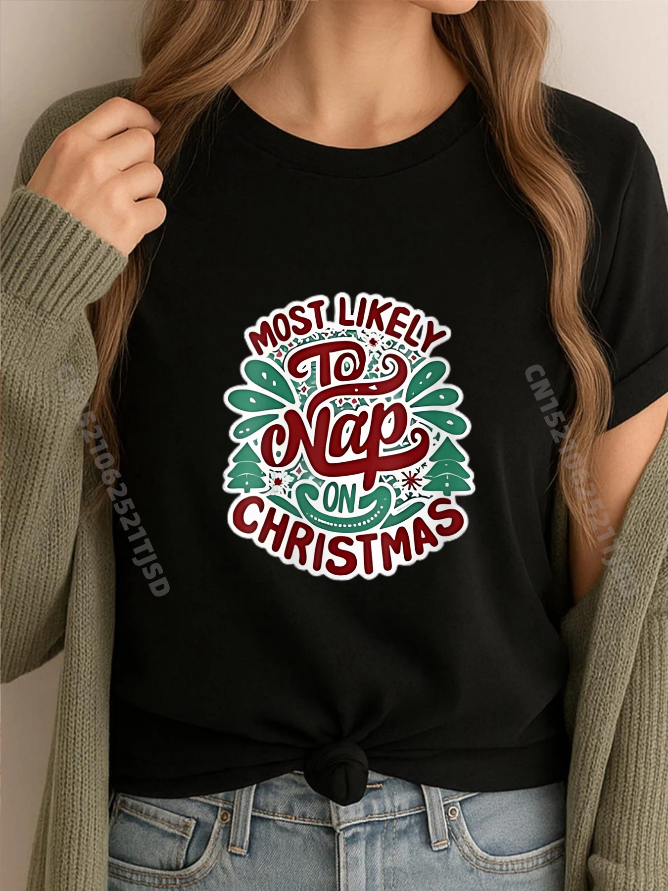 

Womens Most Likely To Nap On Christmas Matching Family Xmas Green And White Graphic T Shirt Natural Brand Clothing