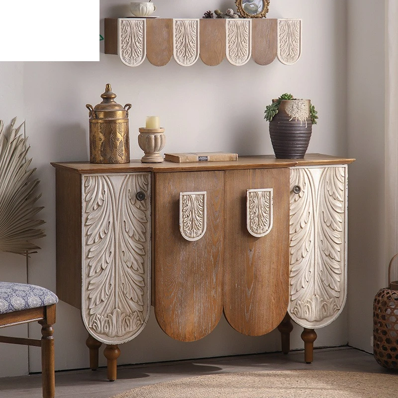 

French solid wood relief home decoration entrance cabinet, retro personalized dining side cabinet, old storage complete set of c