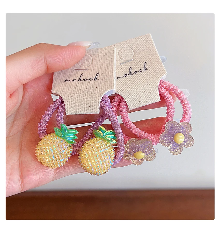 2026 Sommer 2er-Set Frucht-Blumen-Haargummis für Damen und Mädchen – Glitzernde Harz-Dekoration, hochelastisch, schadet dem Haar nicht, für Babys und Mädchen – Detail 5