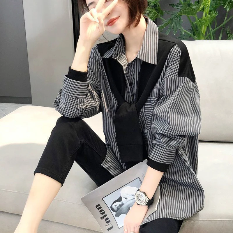 Stripe Women Shirts Korean Lace Up Loose Patchwork Female Casual Blouse Autumn New Office Turn Down Collar Chic Ladies Long Tops