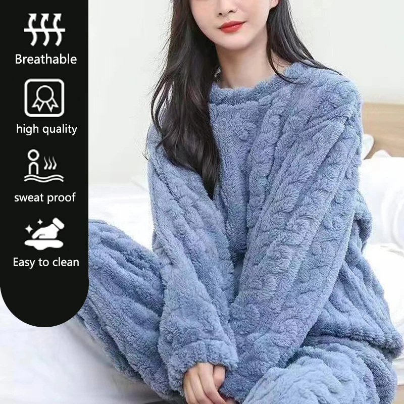 Baju tidur wanita, tebal hangat untuk musim dingin wanita setelan flanel piyama siswa pakaian rumah atasan dan celana bergaris pakaian tidur Loungewear