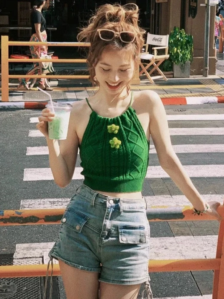 グリーン バックレス ホルターネック レディース サマー タンクトップ セクシー クロップド ノースリーブ Tシャツ ファッション カジュアル 2025 新作 日韓風 トップス