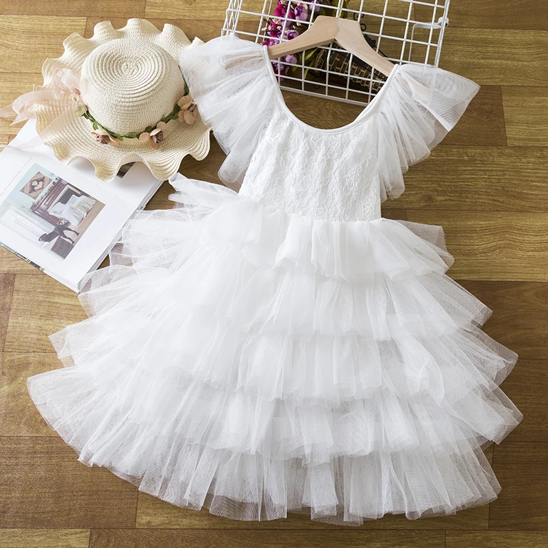 Summer Baby Girls Dress for Kids Lace Princess V-Back Mesh Layers Dress Little Girl Ceremonies Dress Wedding Party Elegant Frock