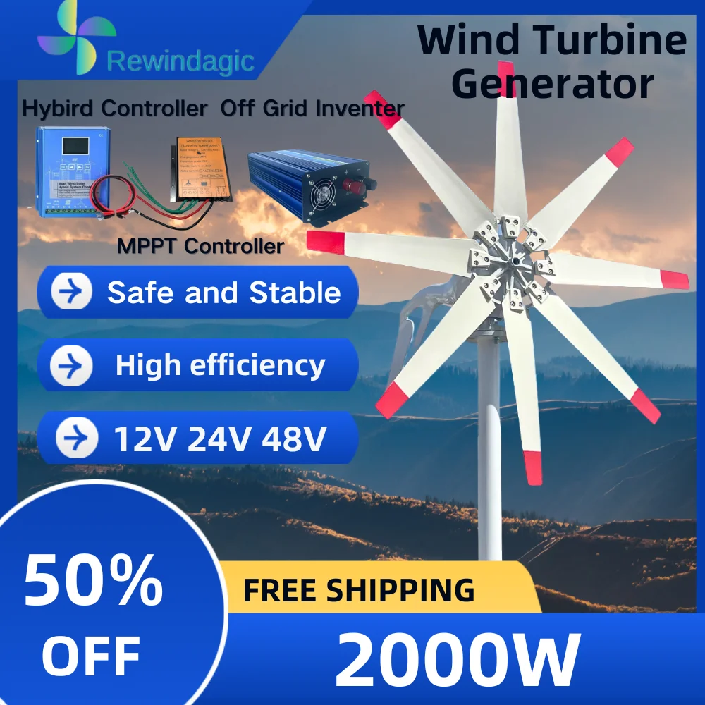 High Efficiency 2000WH Wind Turbine 12V 24V 48V Free Energy Windmill Home Improvement Off Grid System With MPPT Charger