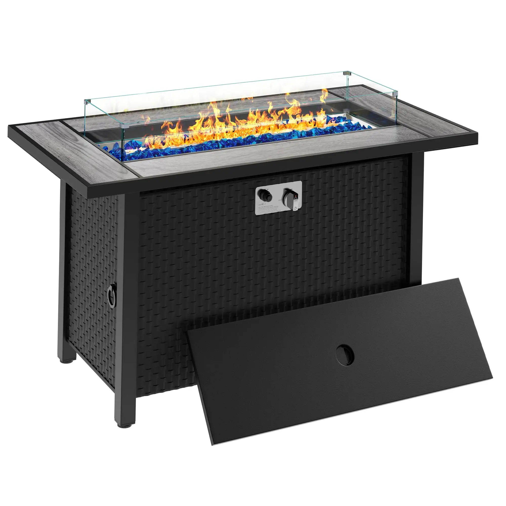 45in Fire Table, Propane Fire Pit with Glass Wind Guard and Rain Cover, Outdoor Firepit Table 50000 BTU 3-in-1 Fire
