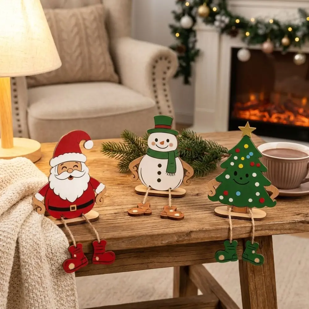3Pcs Self Standing Santa Snowman Tree Ornament Handmade Craft Stable Base Dangling Leg Wood Figurine Rustic Cartoon Style