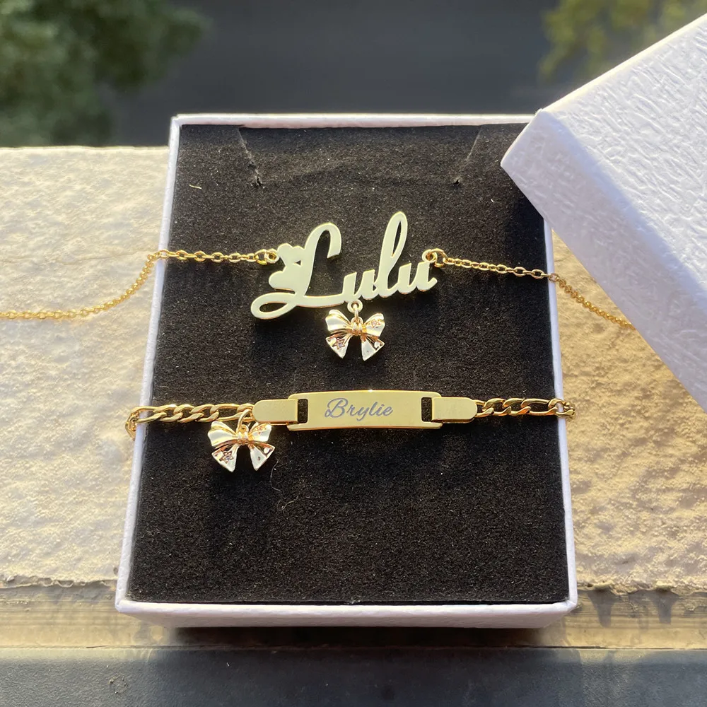 Lulu\'s  Bow Customized Name Jewelry Set For Girl Personalized Nameplate Pendant Cute Necklace Bracelet Gift