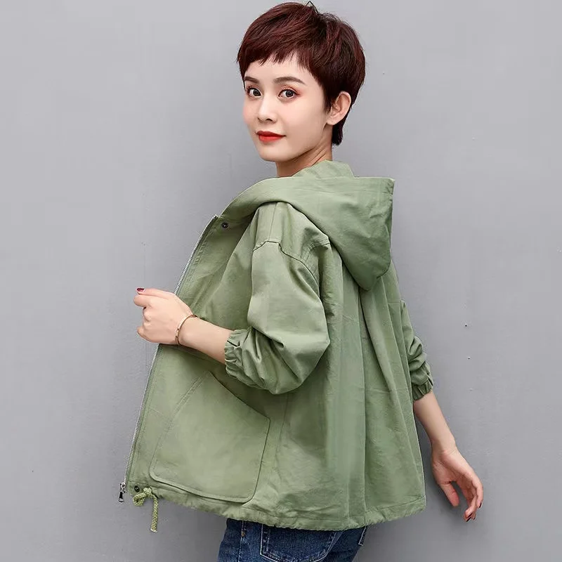 

Spring Autumn Windbreaker Women Cotton Hooded Loose Drawstring Short Casual Jacket Base Coat 2024 New Female Outerwear Clothing