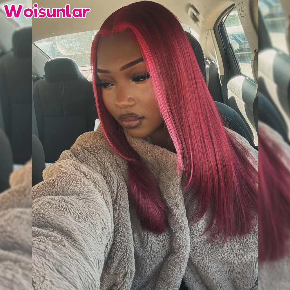 

36 inches Highlight Pink and Red 99j lace Front Human Hair Wigs Straight Black women13x4 Transparent Lace Brazilian Human hair