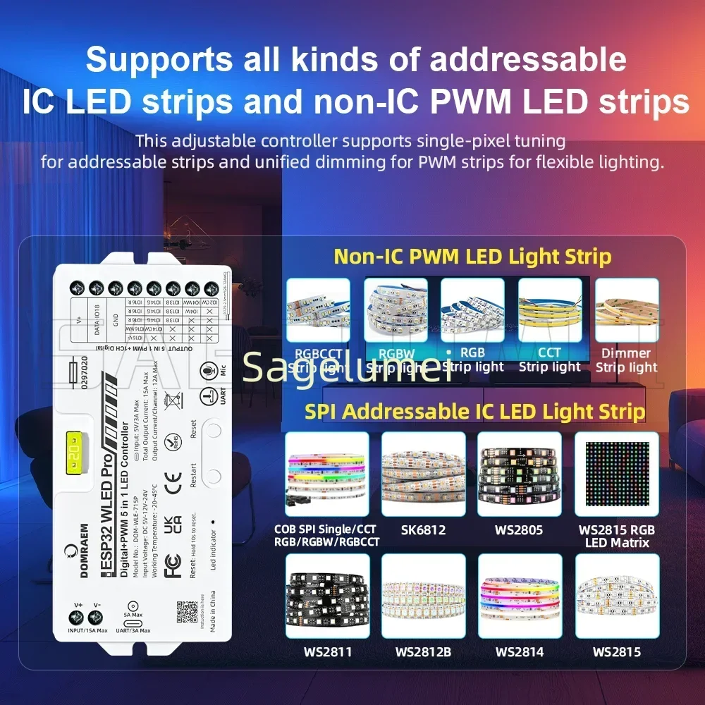 DOMRAEM ESP32 All in One Digital+PWM LED Controller Pro/Pro MAX 5IN1 Ethernet/WiFi Music Sync Alexa Home Assistant WS2812B WLED