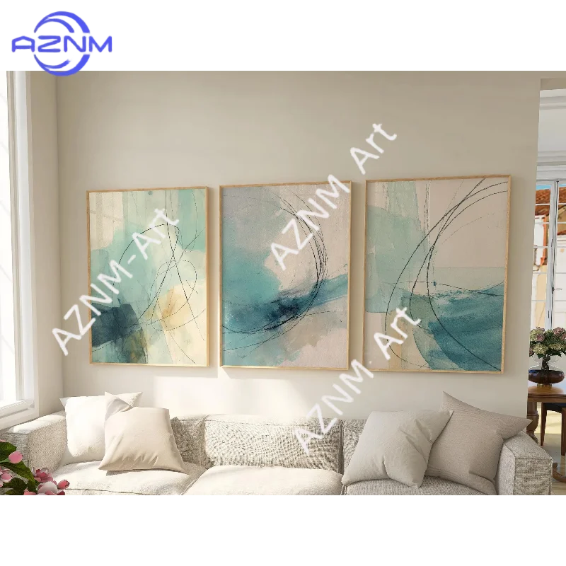 1/3Pcs Coastal Abstract Watercolor Print Set of 3: Turquoise Beige Ocean Art