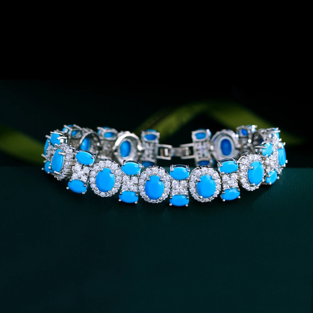 Pera 2024 New Trendy Oval Light Blue Turquoise CZ Silver Color BraceletS Bangles for Women Wedding Bride Hand Gift Jewelry B267