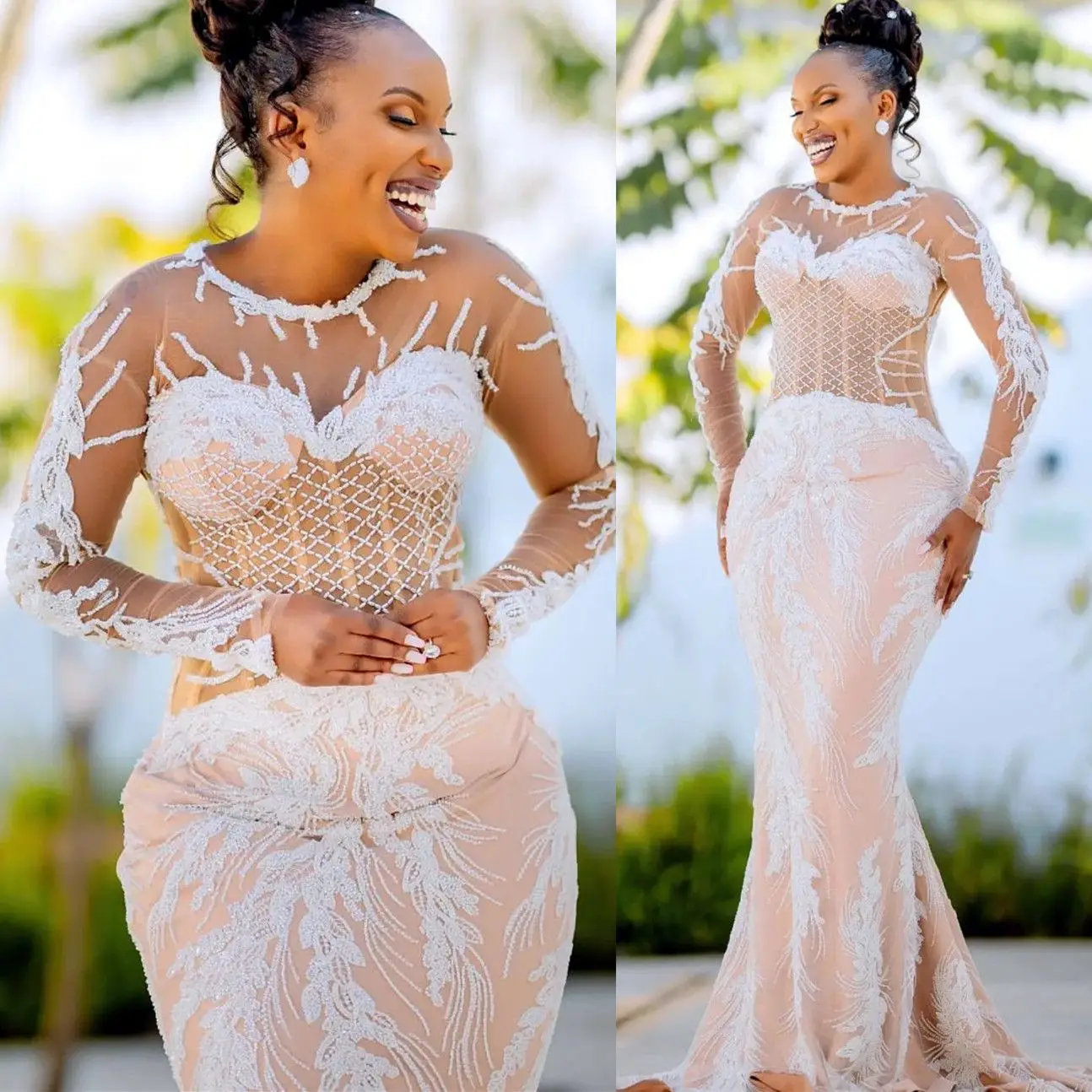 

Customized Arabic Plus Size White Illusion Mermaid Wedding Dresses Beaded Vintage Bridal Gowns Dress