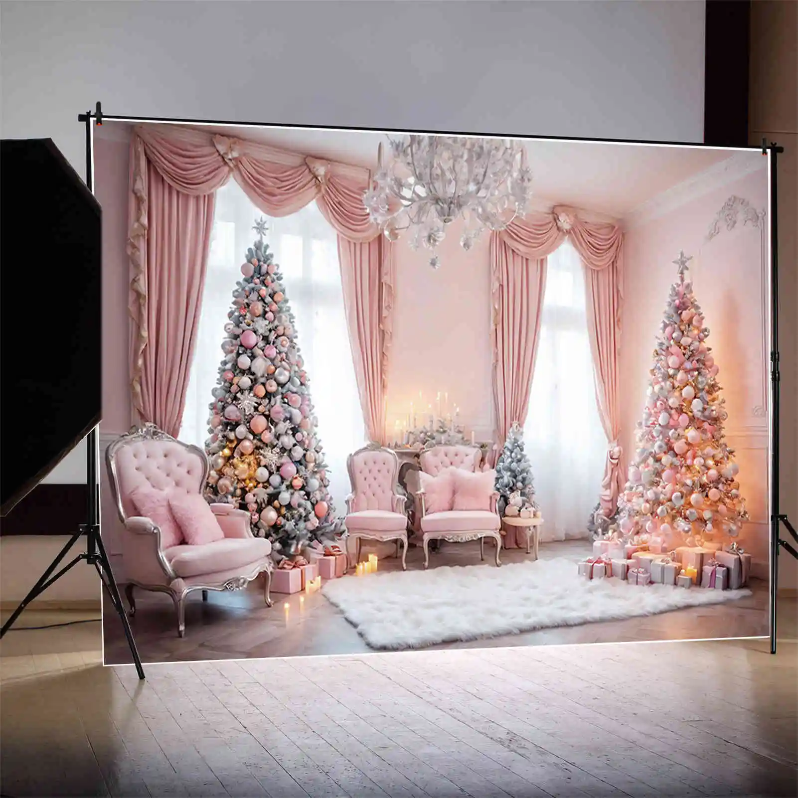 MOON.QG Christmas Tree Home Decoration Photography Background Pink Fireplace Curtain Sofa New Year Photo Backdrop Shooting Props