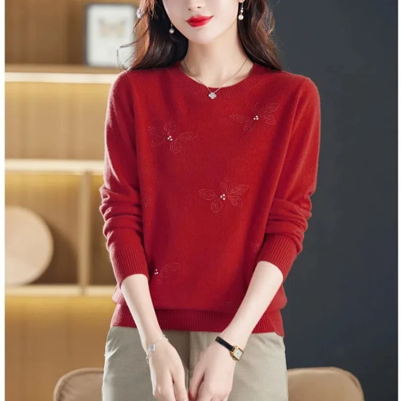 

Commute Sweater Knitted Pullover Autumn Winter Embroidered Flares Solid Color Long Sleeve Women's Clothing O-Neck Geometric Tops