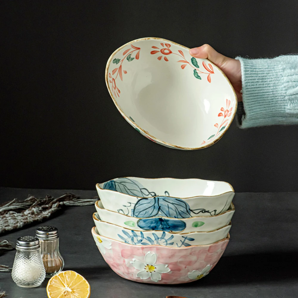 Creative Ceramic Bowl Japanese Style Hand-Painted Plants Flower Porcelain Homehold Dinnerware Noodles Soup Fruit Vegetable Bowls