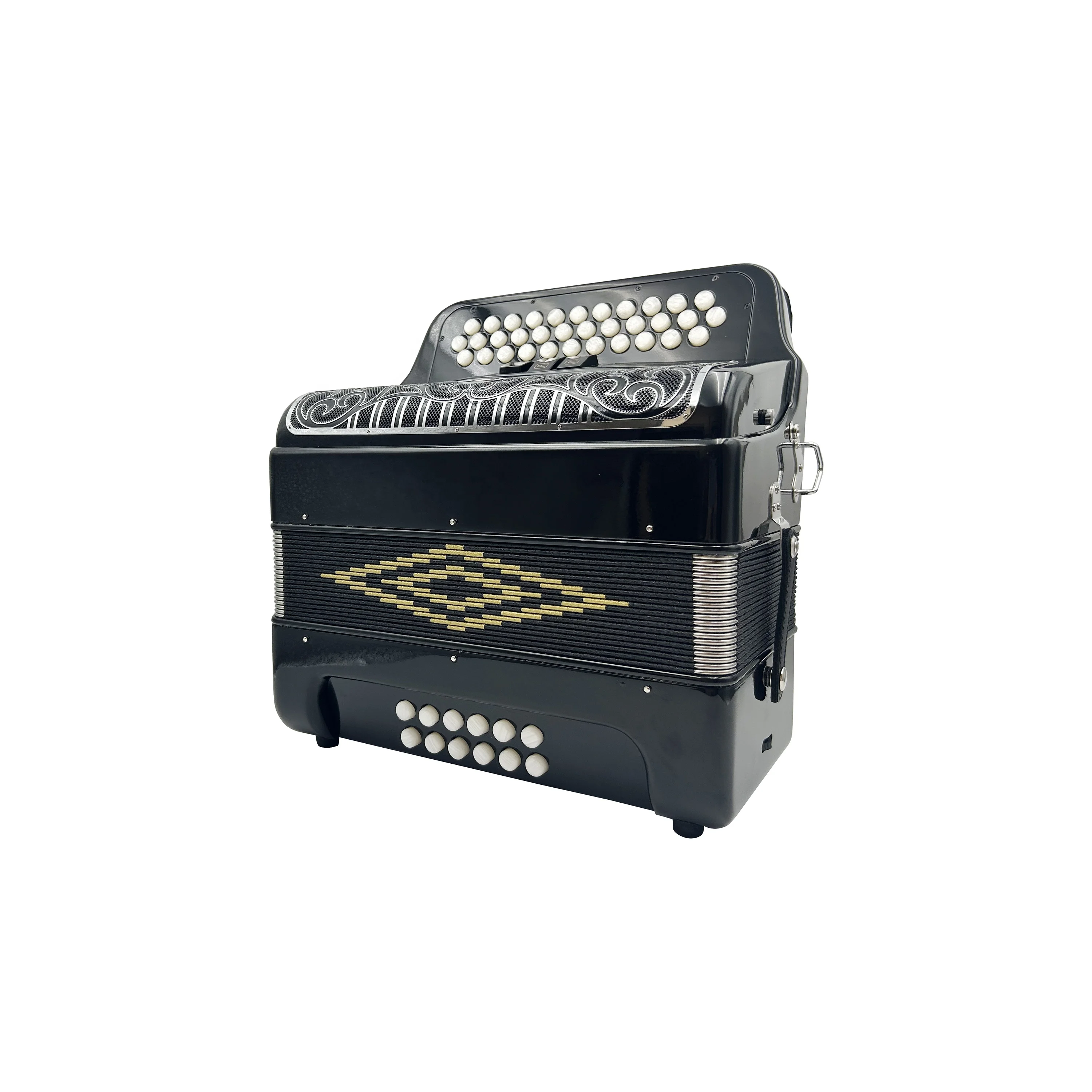 Professional Diatonic Accordion 34-Button 12-Bass 3-Registers JB3412C Black Body Black Silver Grill White Buttons