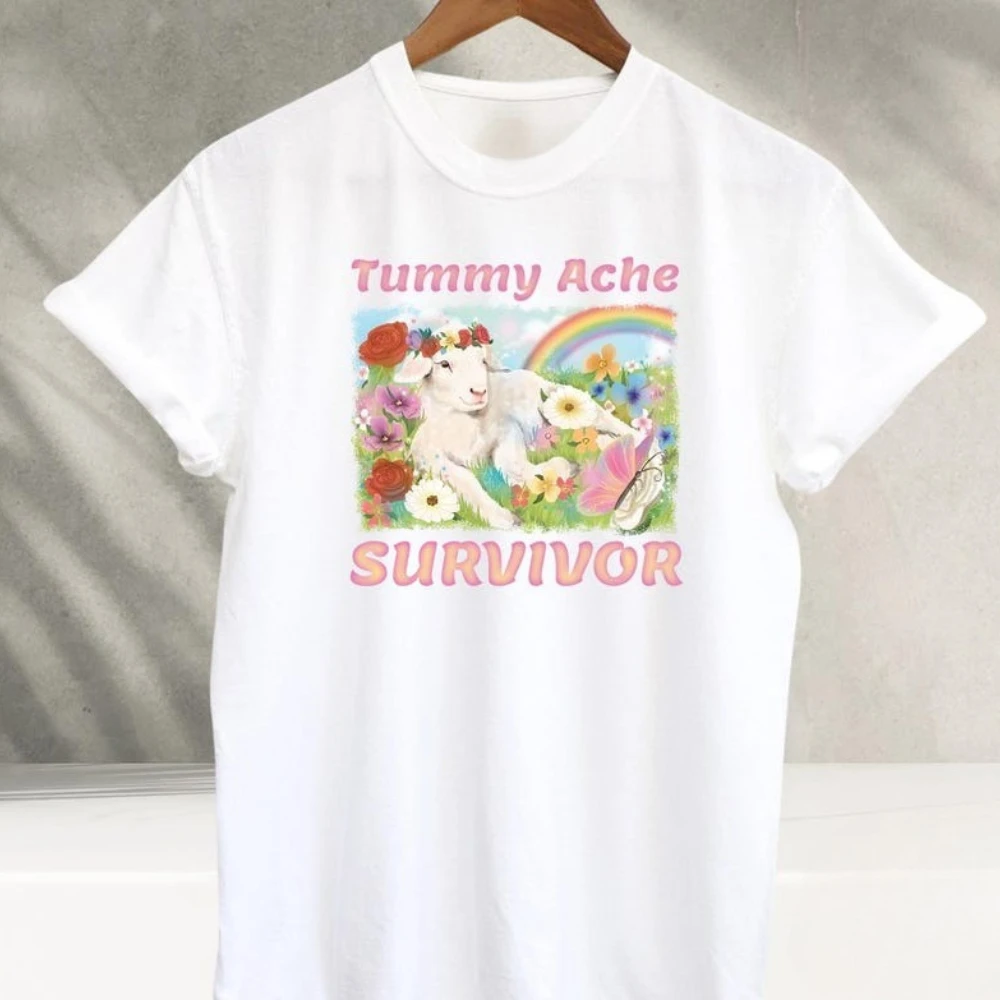 Tummy Ache Survivor Lamb Tshirt Cute Lamb Shirt Vintage T Shirt T-Shirt Funny Women Casual Cotton Tshirts Roupas Feminina