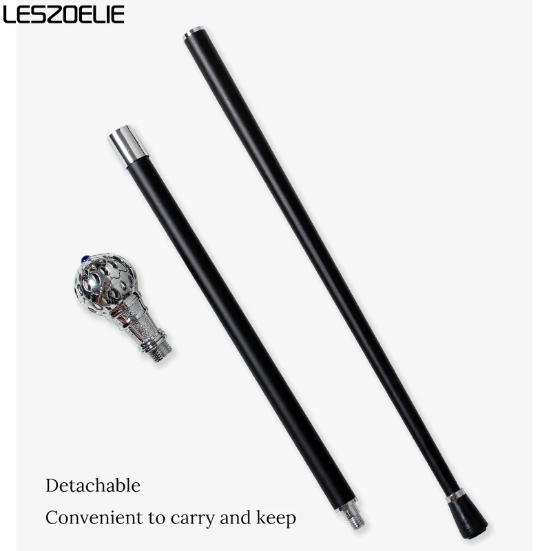 Tongkat Jalan Bola Berongga Perak Mengkilap dengan Berlian Imitasi Biru Kerajaan untuk Pria dan Wanita, Tongkat Jalan Modis untuk Pesta