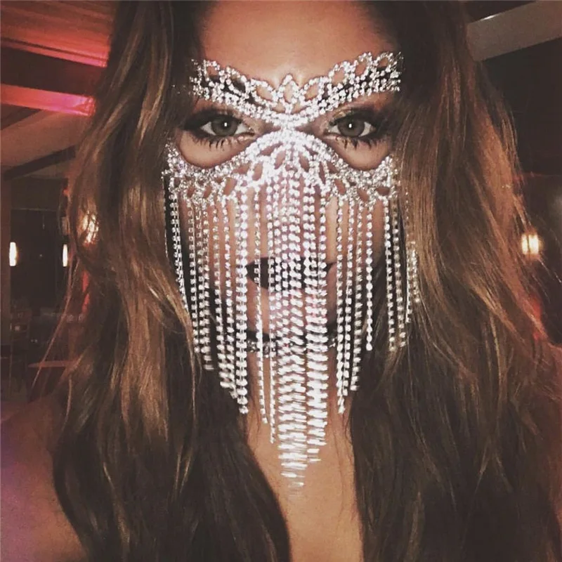 Shiny Rhinestone Mask Fashion Tassel Costume, Women's Mystery Ball Party Accessory, Nightclub Wear, Elegant and Eye-Catching Des