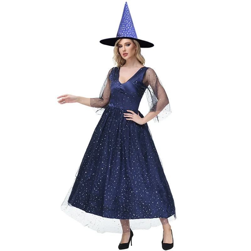 Costume de Sorcière Bleu en Gaze à Col en V, Étoile et Lune, pour Halloween, pour Adulte