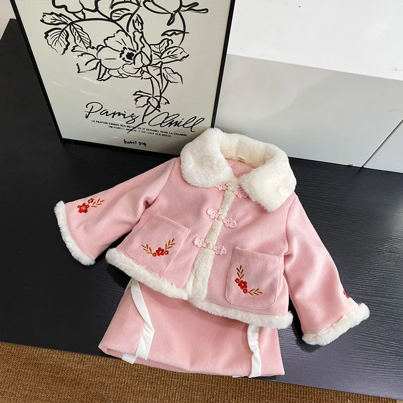 Kids Winter Thick Coat Red Pink Clothes Chinese Style Tang Suit Princess Warm New Year Girls Skirt Oriental Traditional Costume