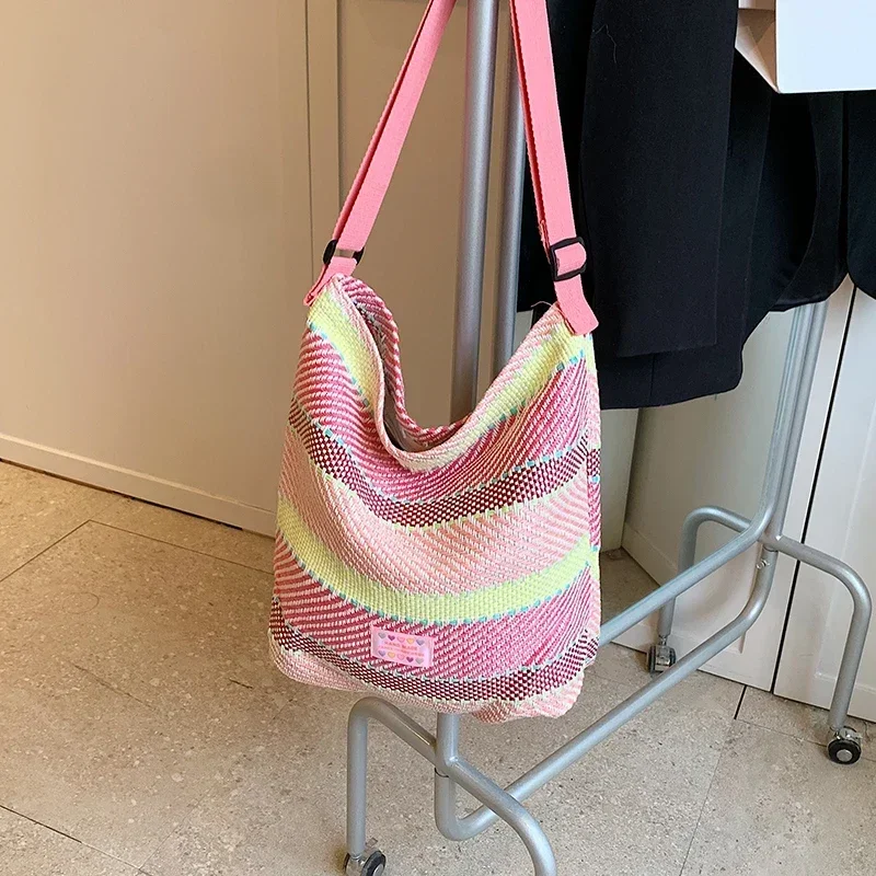 

Casual Versatile Splicing Women's Shoulder Bags Colorful Striped Bucket Bag Hot Sale Retro Large Capacity Seaside Vacation Bag