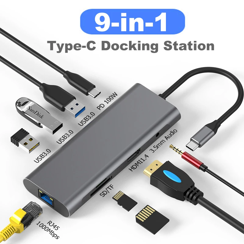 

9 in 1 USB C Hub PD 100W USB 3.0 Type-C Ports Docking Station VGA 1080P/RJ45 1000Mbps Compatible TF/SD AUDIO Adapter for Laptop