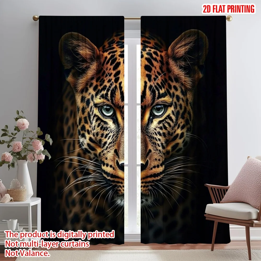 

2pcs 2D flat printing Window Treatment Curtains Yellow-eyed wild animal leopard black and white (3) Polyester Without