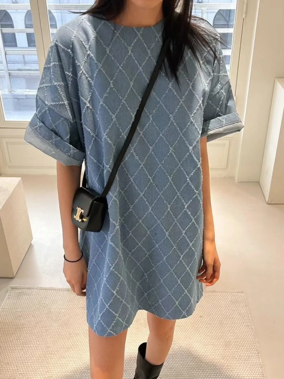 

Summer Chic Vintage round Ne Quilted Design Loose ort Sve Denim Dr Women's Skirt Faionable Commute Sle