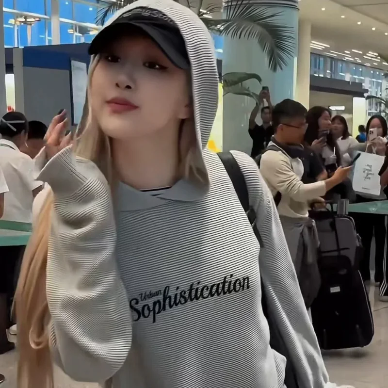 ay Knitted Hoodie Letter Embroidery Casual Sle Women's Cotton Long Sve Sweatirt with Hat Rose Pukaing Sle