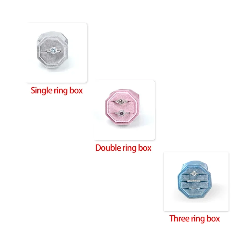 Octagon Velvet Jewelry Box Muti Color Three Slots Double Ring Storage Case Wedding Ring Display for Woman Gift Earrings Package