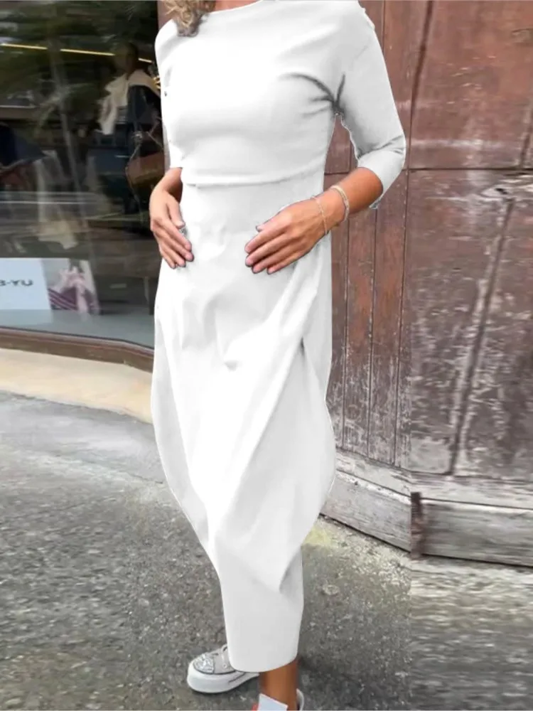 

Fashion Solid Color Long Dress For Women 2025 New Spring Elegant O Neck Slim Dresses Autumn Long Sleeve Dress Robe Femme Females